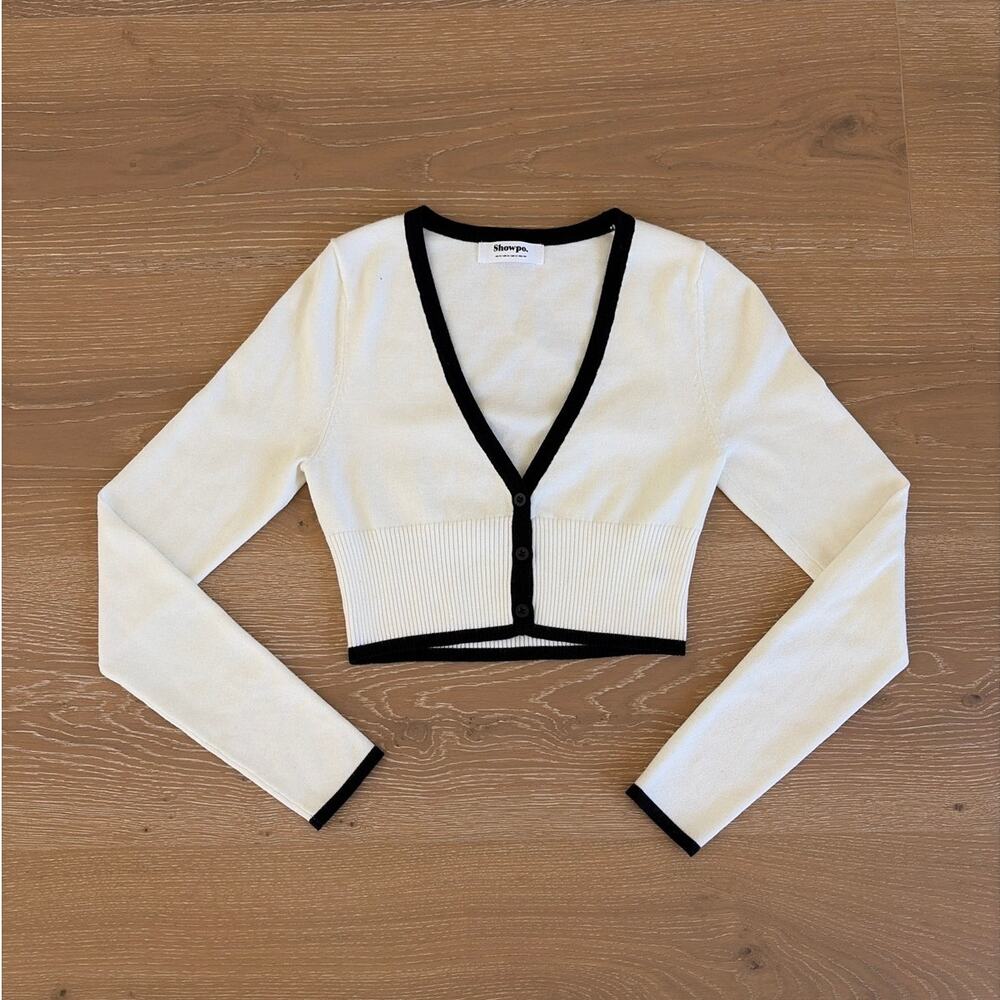 Showpo. Cropped Cardigan Long Sleeve Size US 2 in White with Black Trim